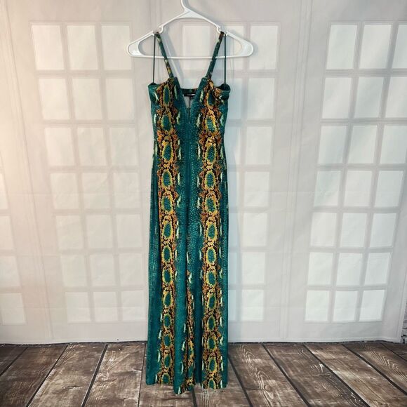 Fashion Nova Pants - Fashion Nova Green Gold Spaghetti Strap Velvet Snake Print Jumpsuit Size XS